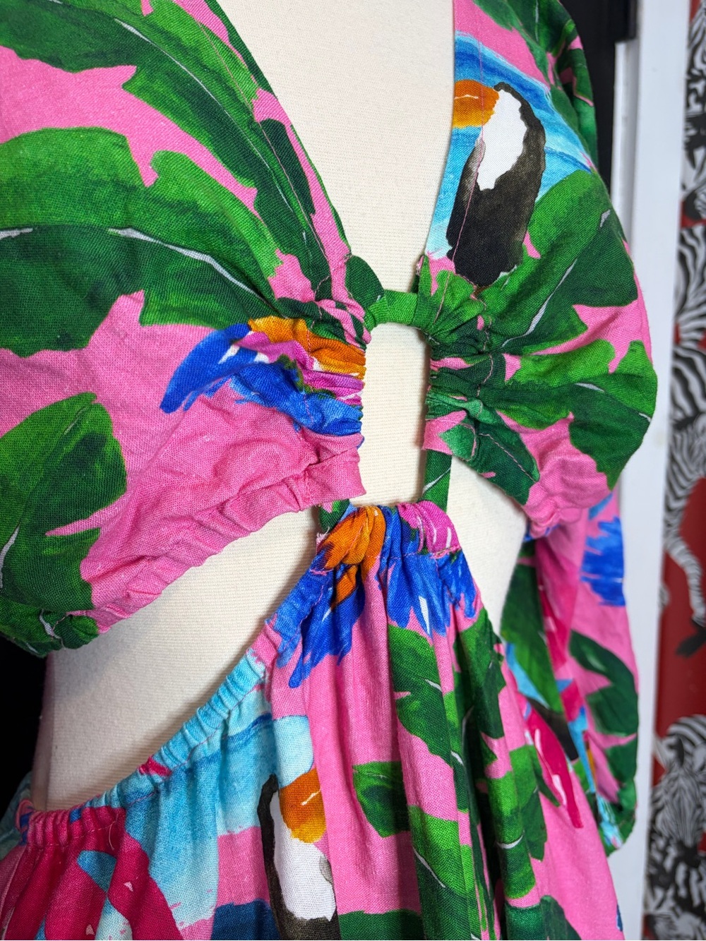 FARM Rio X Anthologie Printed V-Neck Cutout Pink and Green Tropical Maxi Dress - Picture 3 of 7